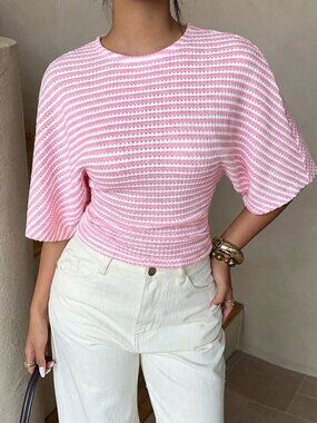 Pink Casual Women's Striped Batwing Sleeve T-Shirt